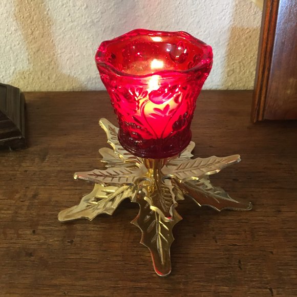 Other - Gorgeous Vintage Brass Poinsettia Candle Holder With Red Votive Cup